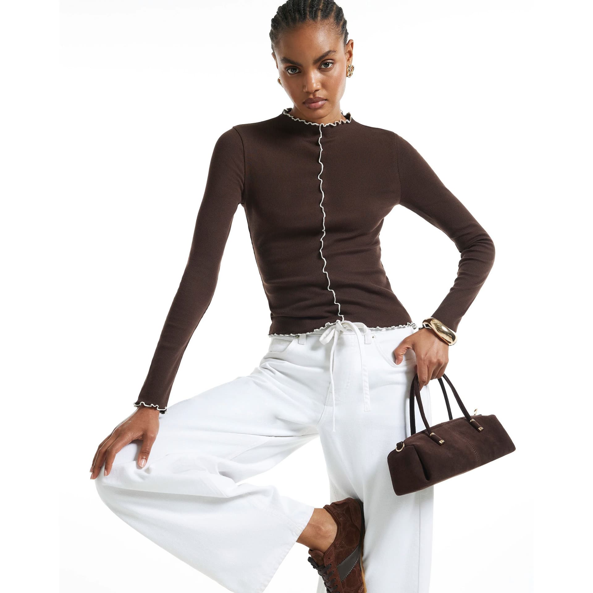 River Island River Island Womens Brown Ribbed Lettuce Hem Top