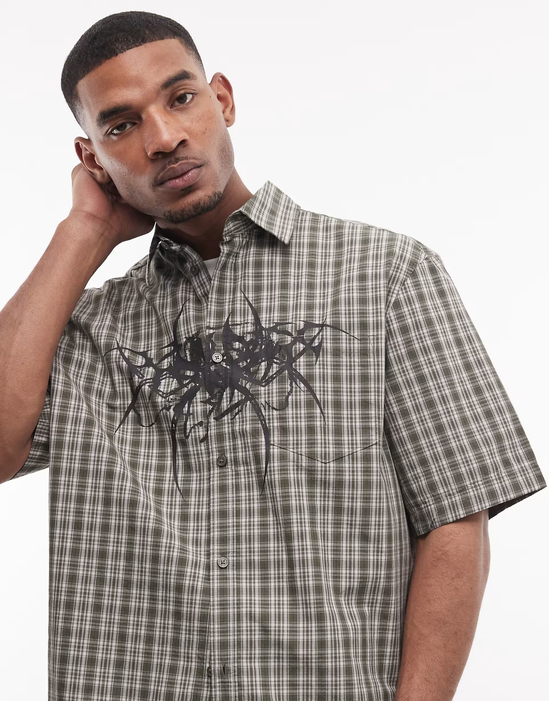 ASOS Weekday Franco short sleeve graphic shirt in green check