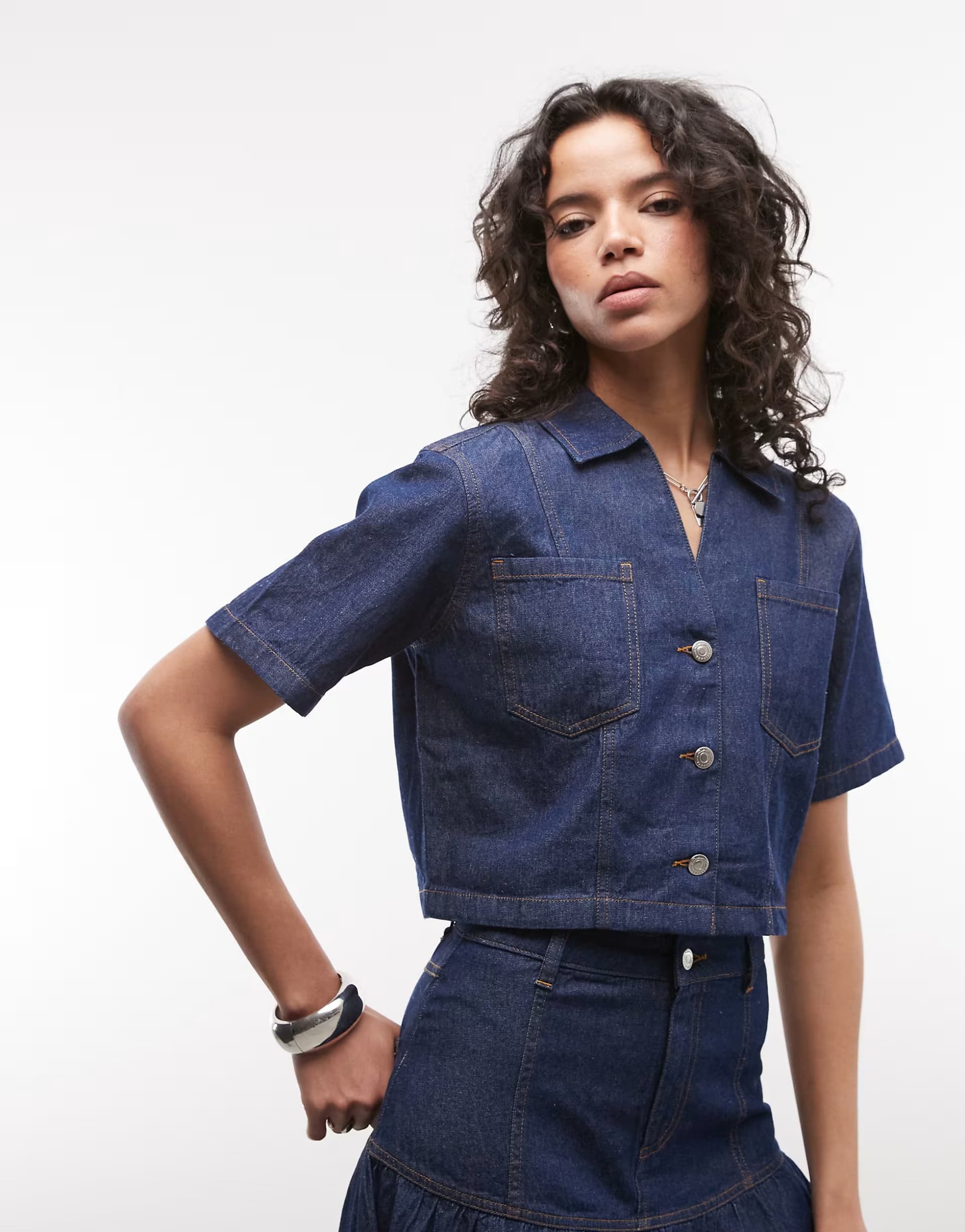 ASOS Reclaimed Vintage denim cropped short sleeve shirt co-ord in indigo