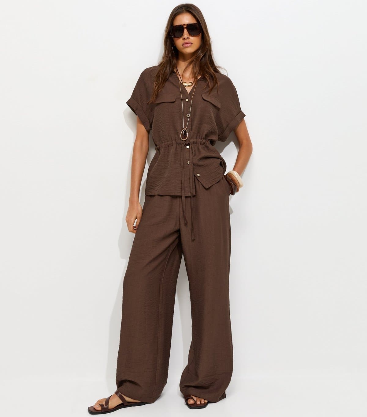 New Look Women's Dark Brown Crinkle Texture Wide Leg Trousers New Look