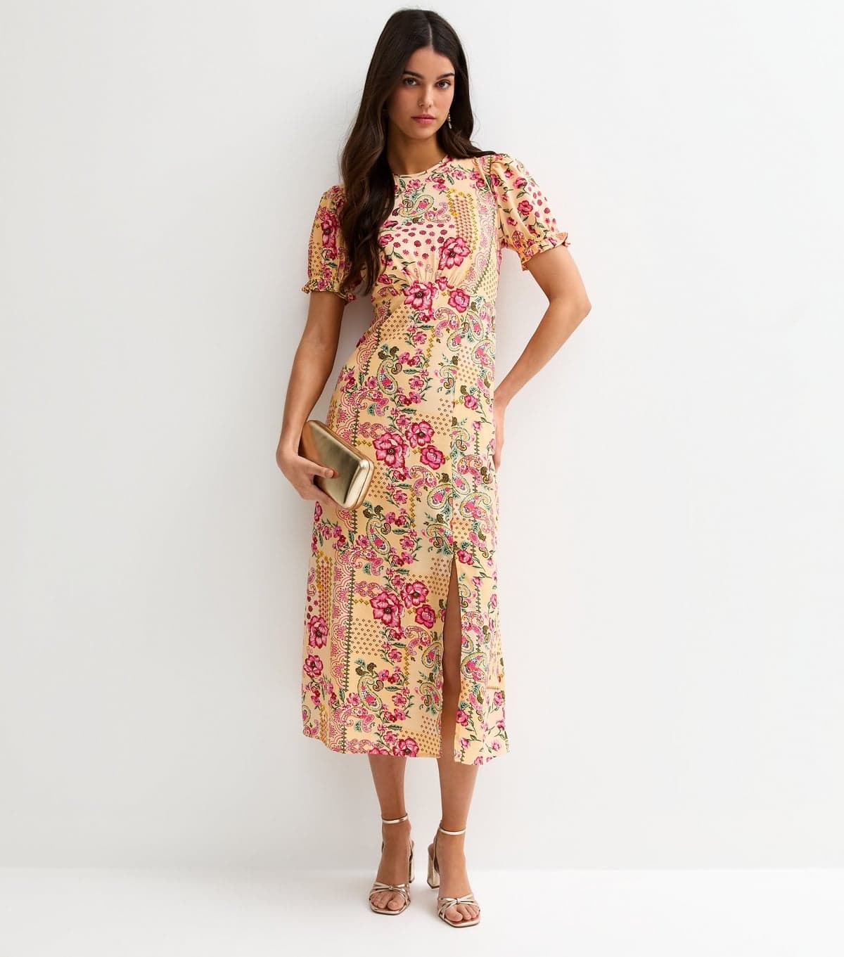 New Look Women's Yellow Floral Short Sleeve Midi Dress New Look