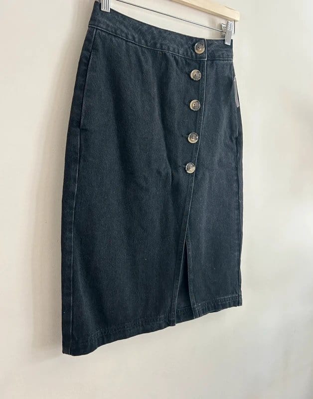 Topshop 🖤 Topshop Moto Black Denim Button Front Midi Skirt UK 8 High Waist Pencil Smart Casual - 1