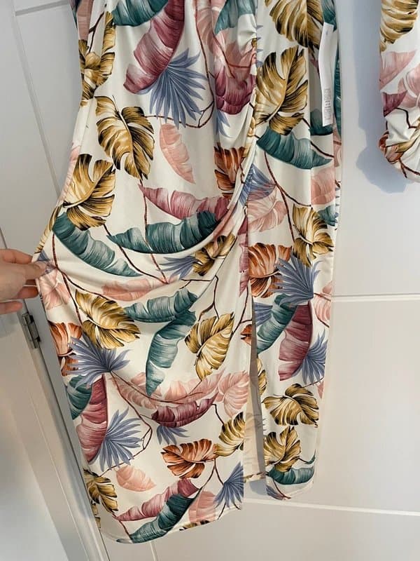 Never Fully Dressed Never Fully Dressed pattern midi dress with ruching and split leg detail