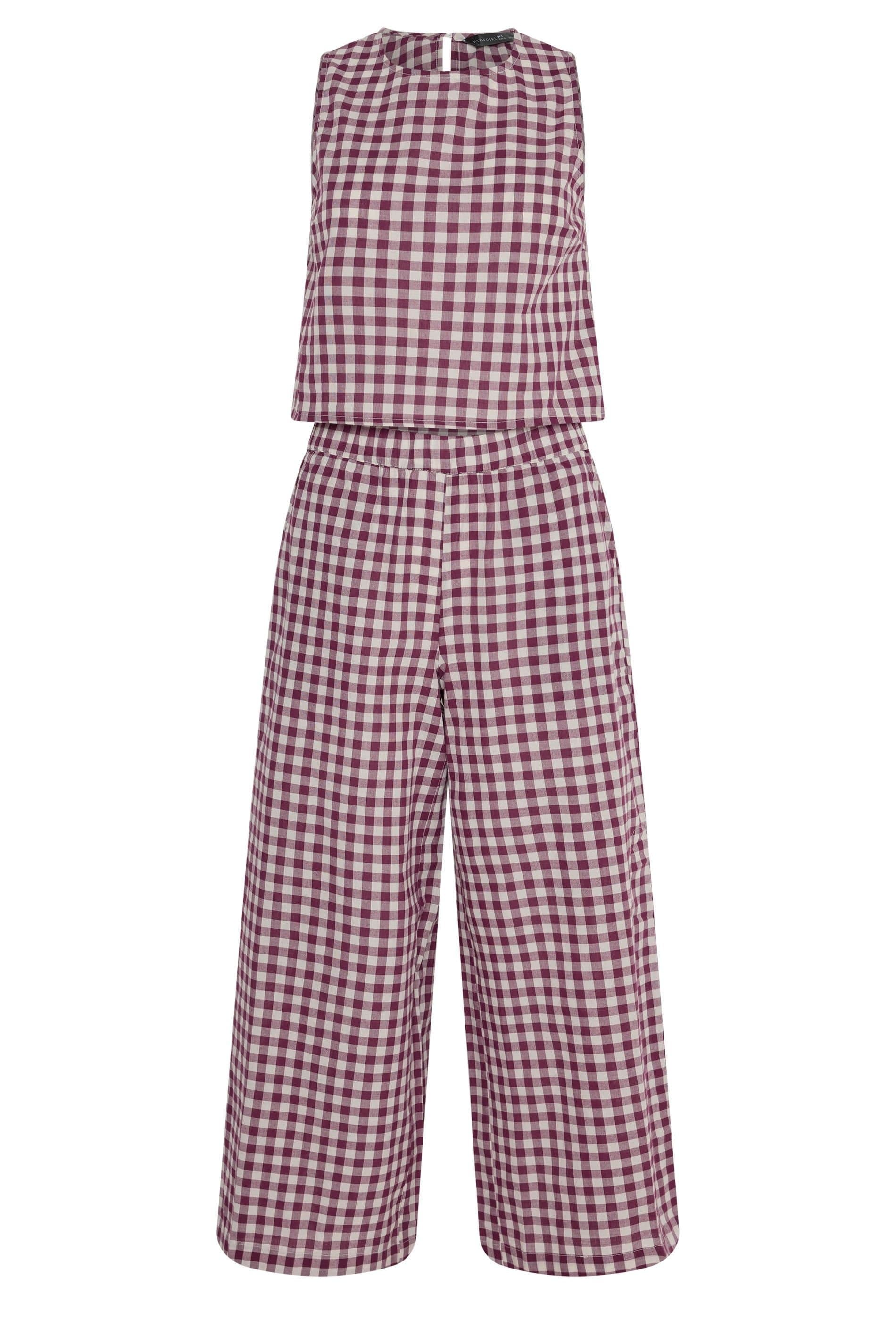 PixieGirl PixieGirl Women's Petite Gingham Cotton Top & Wide Leg Trousers in Burgundy