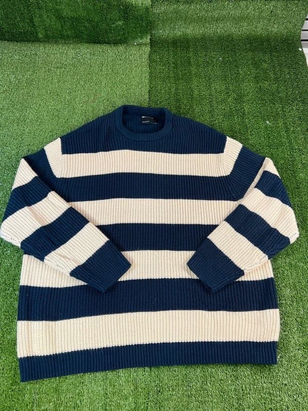 ASOS Design ASOS Design Mens Oversized Striped Knit Sweater Navy Blue Cream Large Chunky Rib