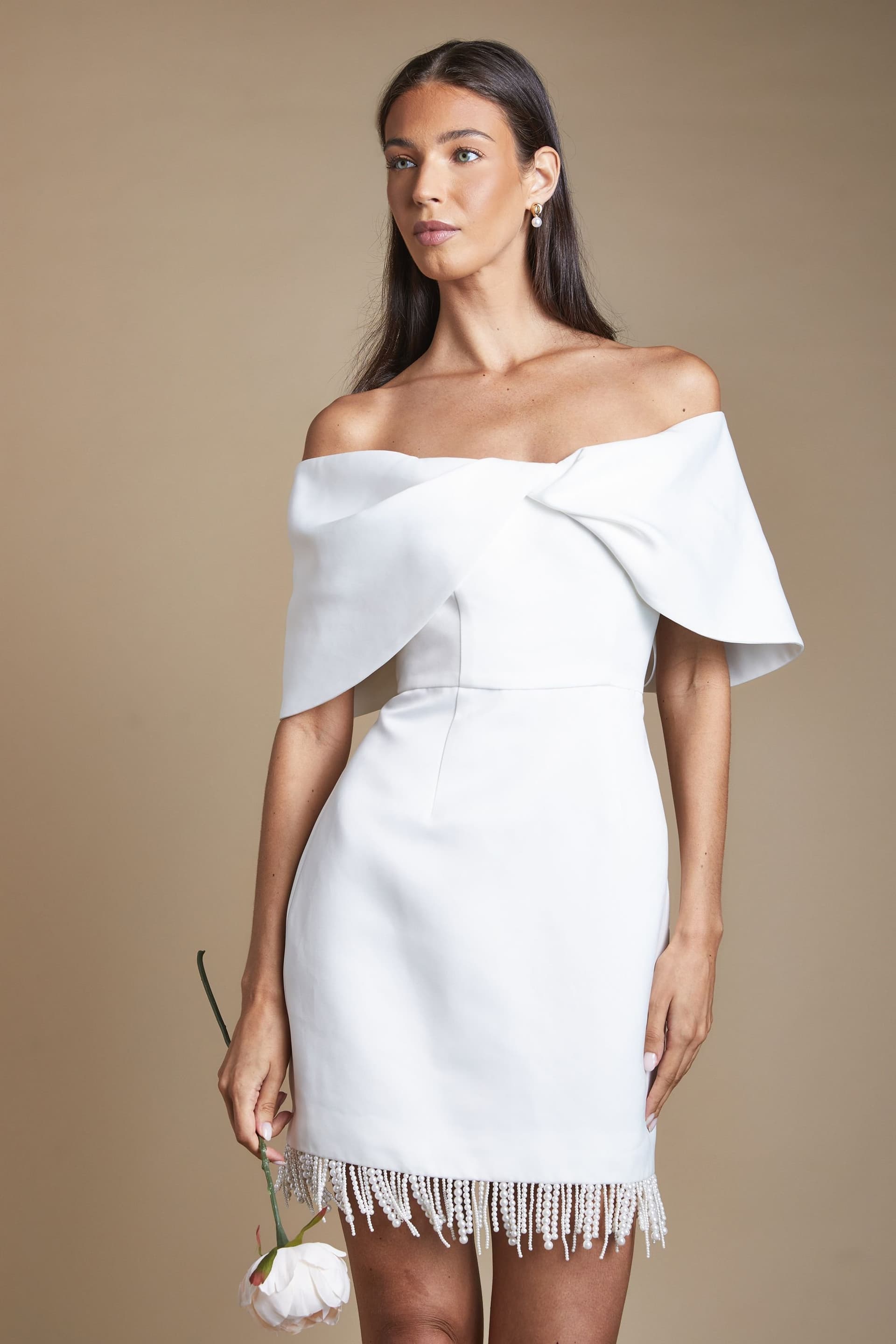Coast Coast Women's Bow Detail Mini Wedding Dress With Pearl Trim in Ivory
