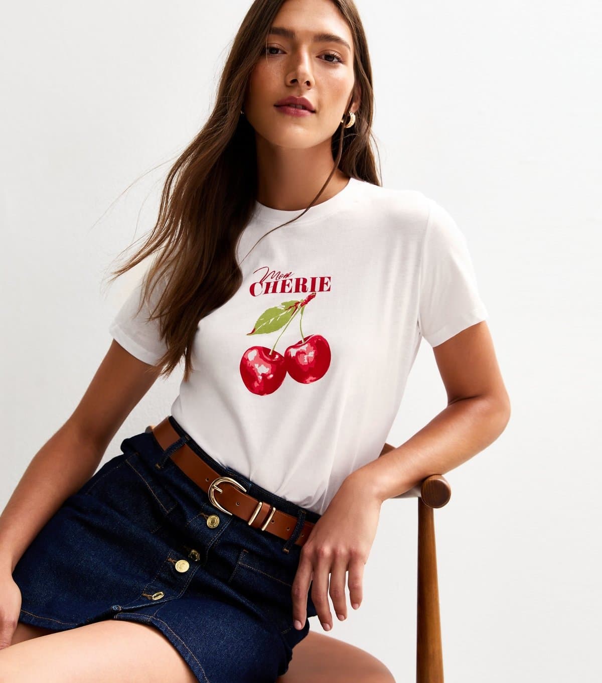 New Look Women's White Mon Cherie Cherry Print T-Shirt New Look