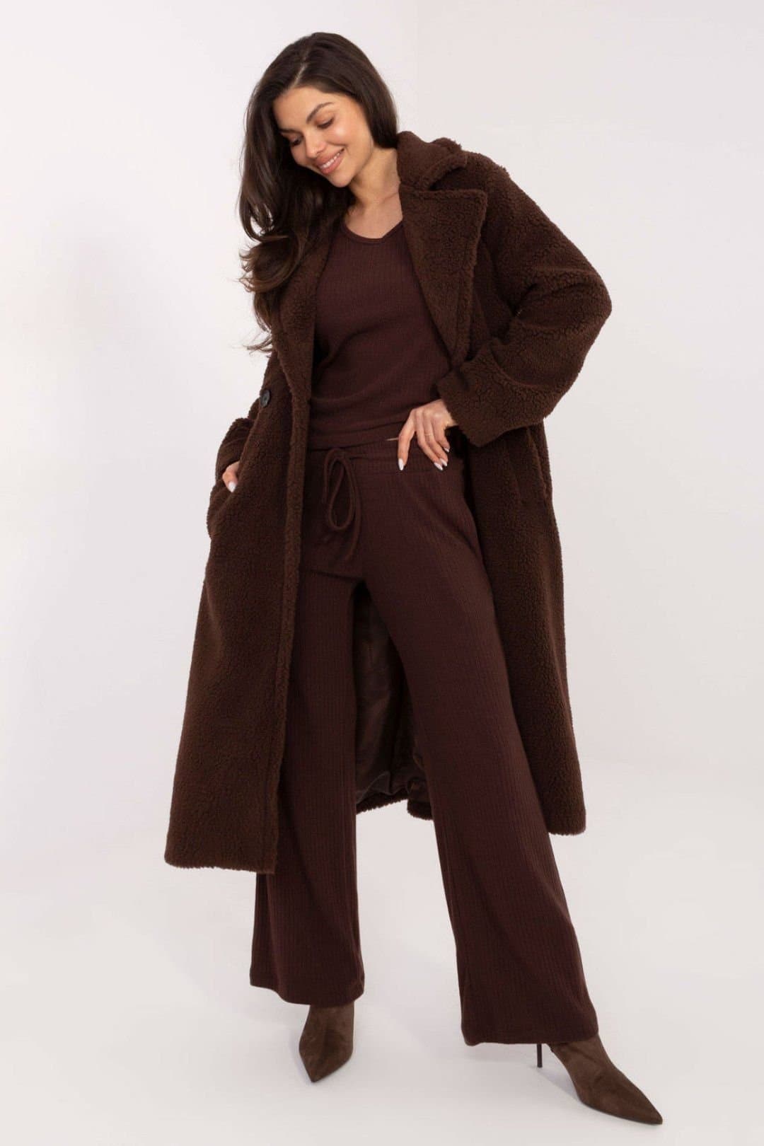Love Lace Love Lace Women's High Waist Knit Pants with Tie & Pockets in Brown