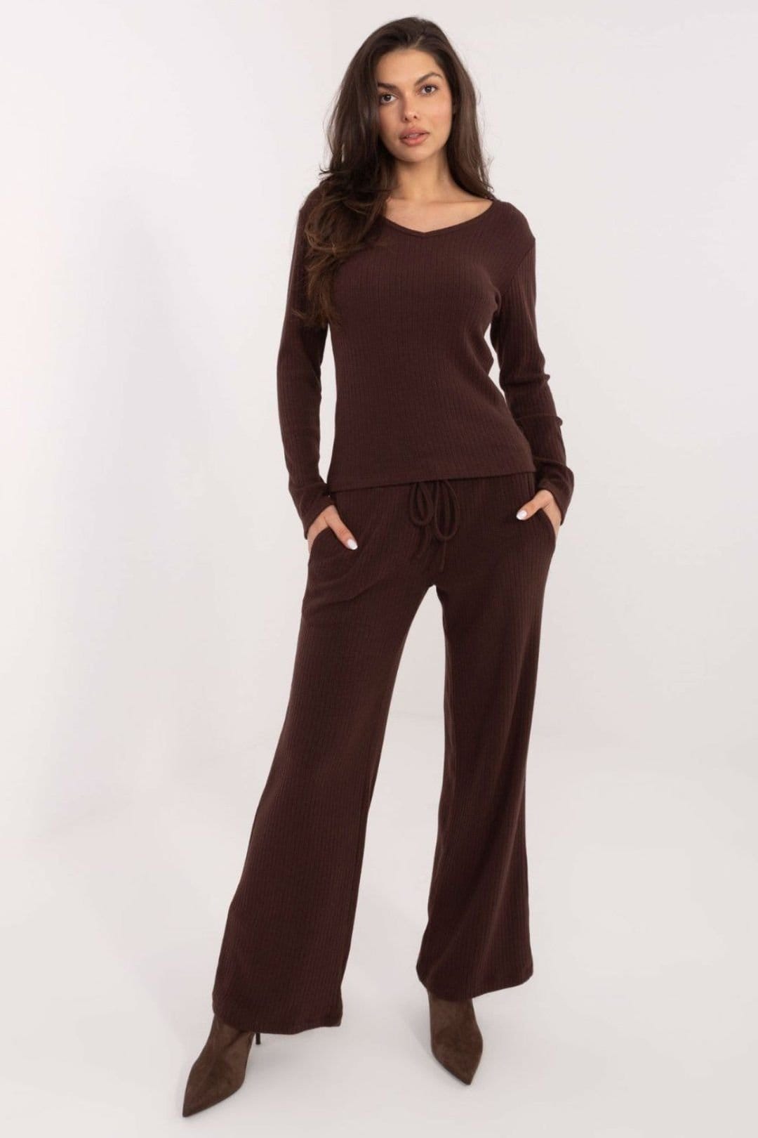Love Lace Love Lace Women's High Waist Knit Pants with Tie & Pockets in Brown - 4