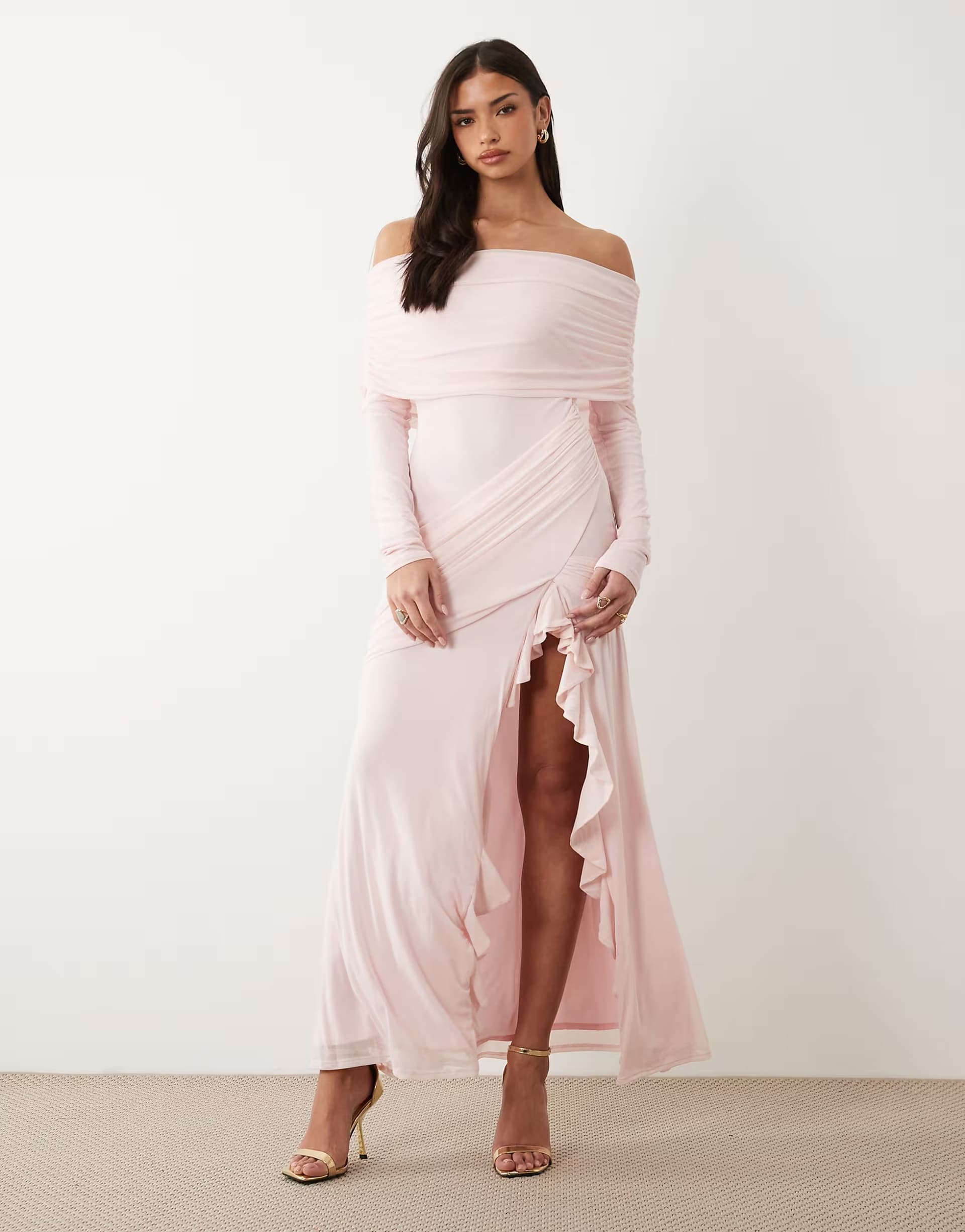 ASOS ASOS DESIGN mesh bardot maxi dress with drape and ruffle detail in baby pink