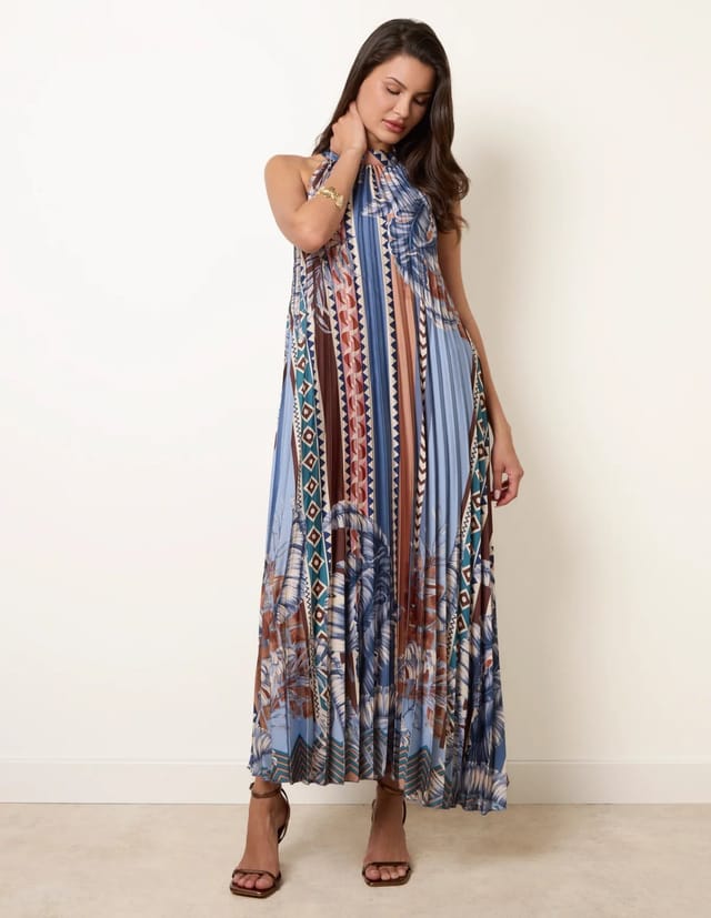 Blue Vanilla Satin Pleated Dress - 3