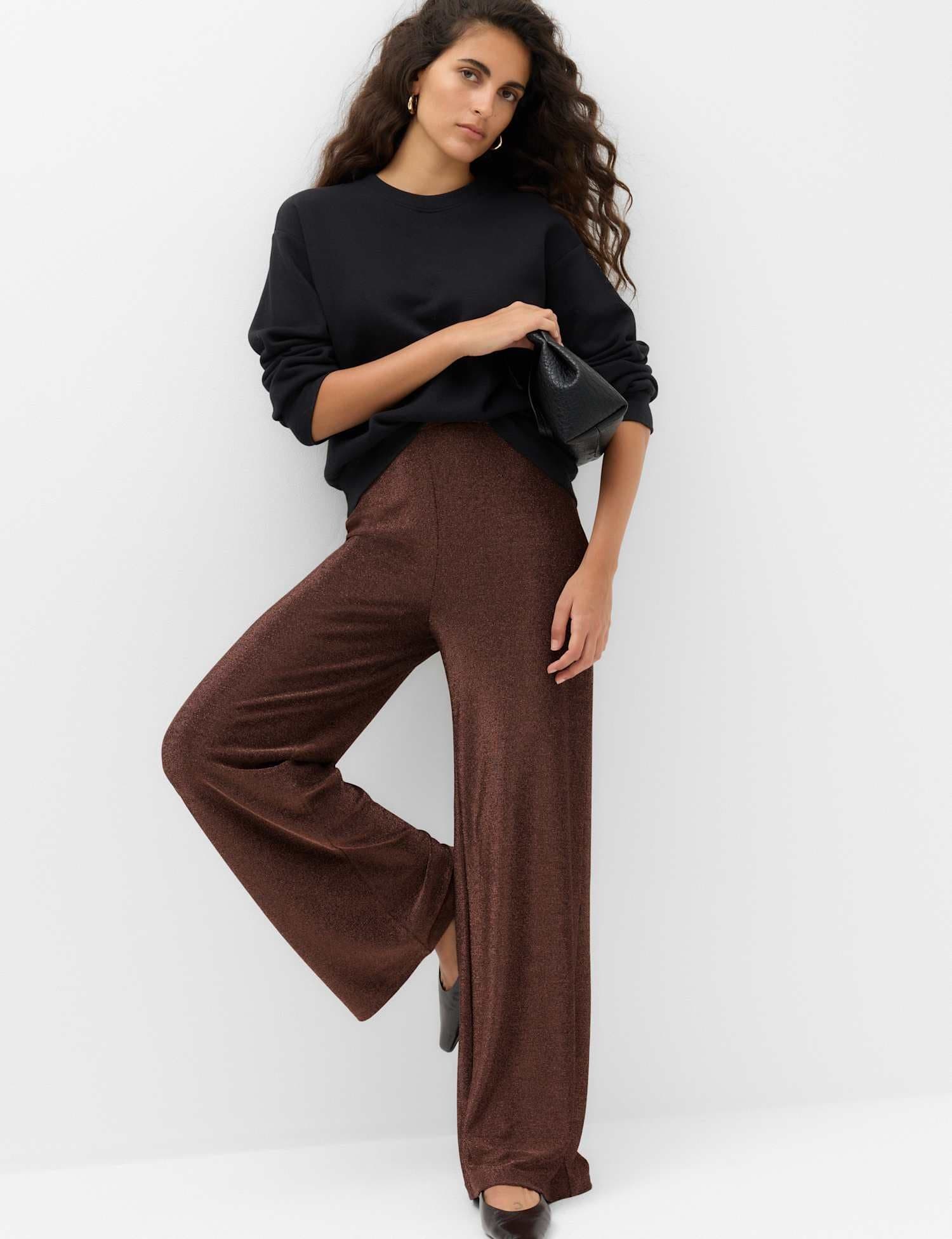 Marks & Spencer M&S Sparkly High Waisted Wide Leg Palazzo Trousers Chocolate
