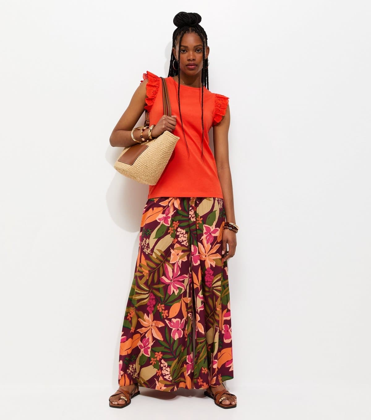 New Look Women's Green Crepe Tropical Print Palazzo Trousers New Look