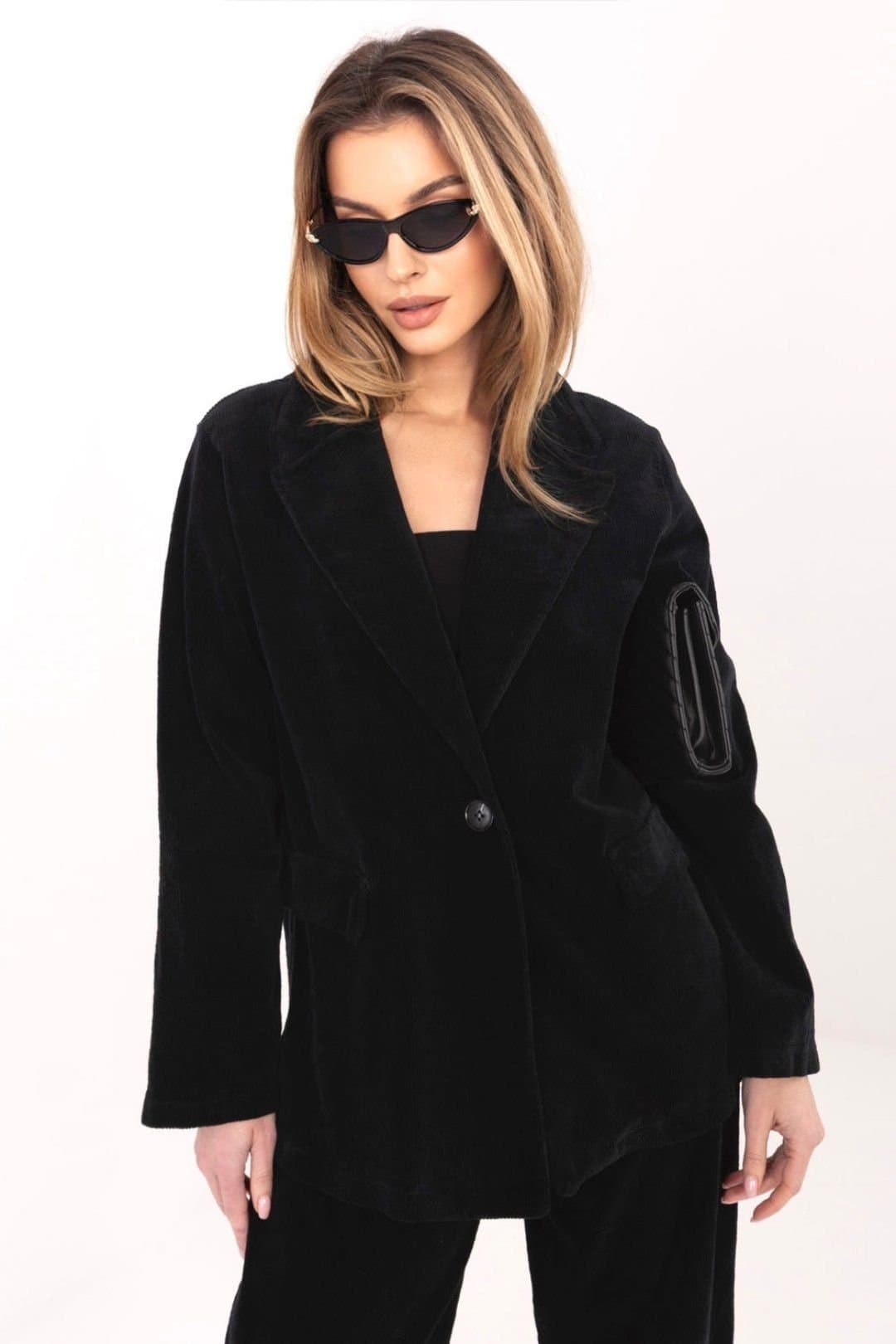Love Lace Love Lace Black Cotton Corduroy Blazer for Work & Daily