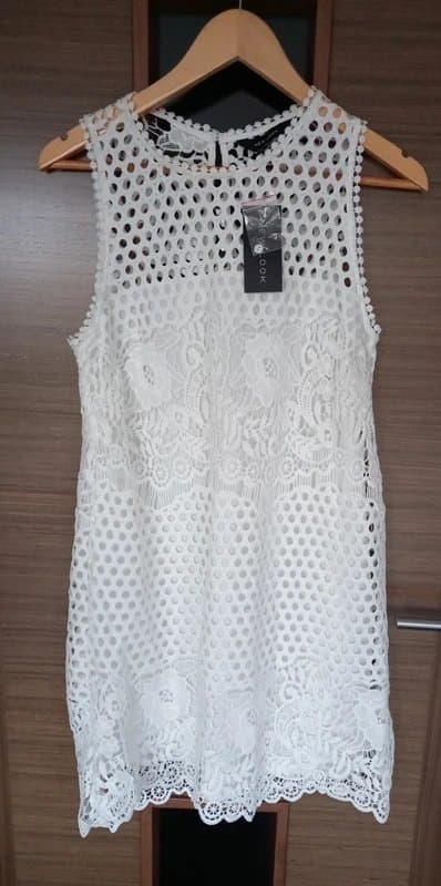 New Look White New Look Lined Shift Dress Crochet/Embroidery detail Size 12