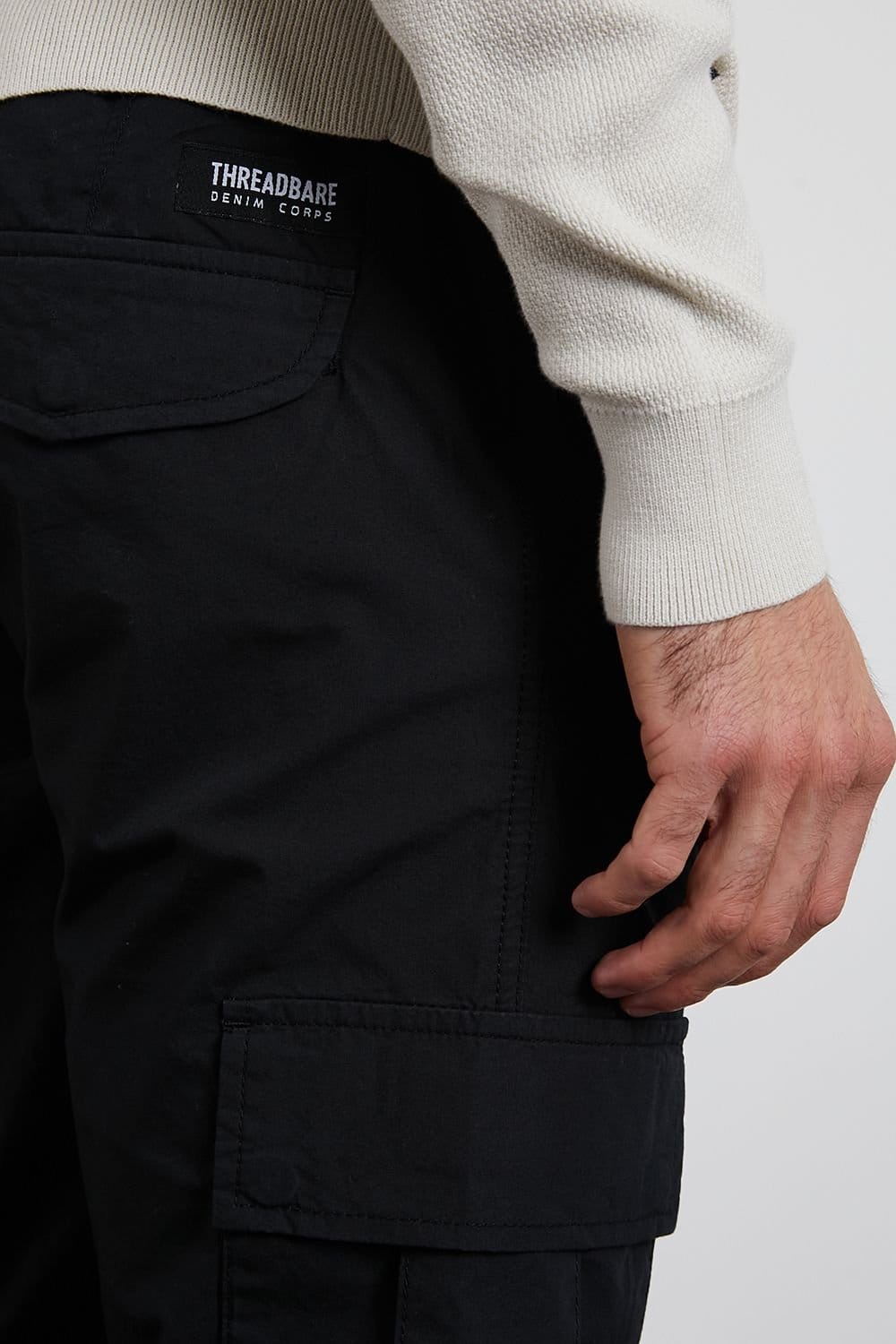 Threadbare Threadbare Men's 'Prince' Cotton Cuffed Cargo Trousers in Black - 4