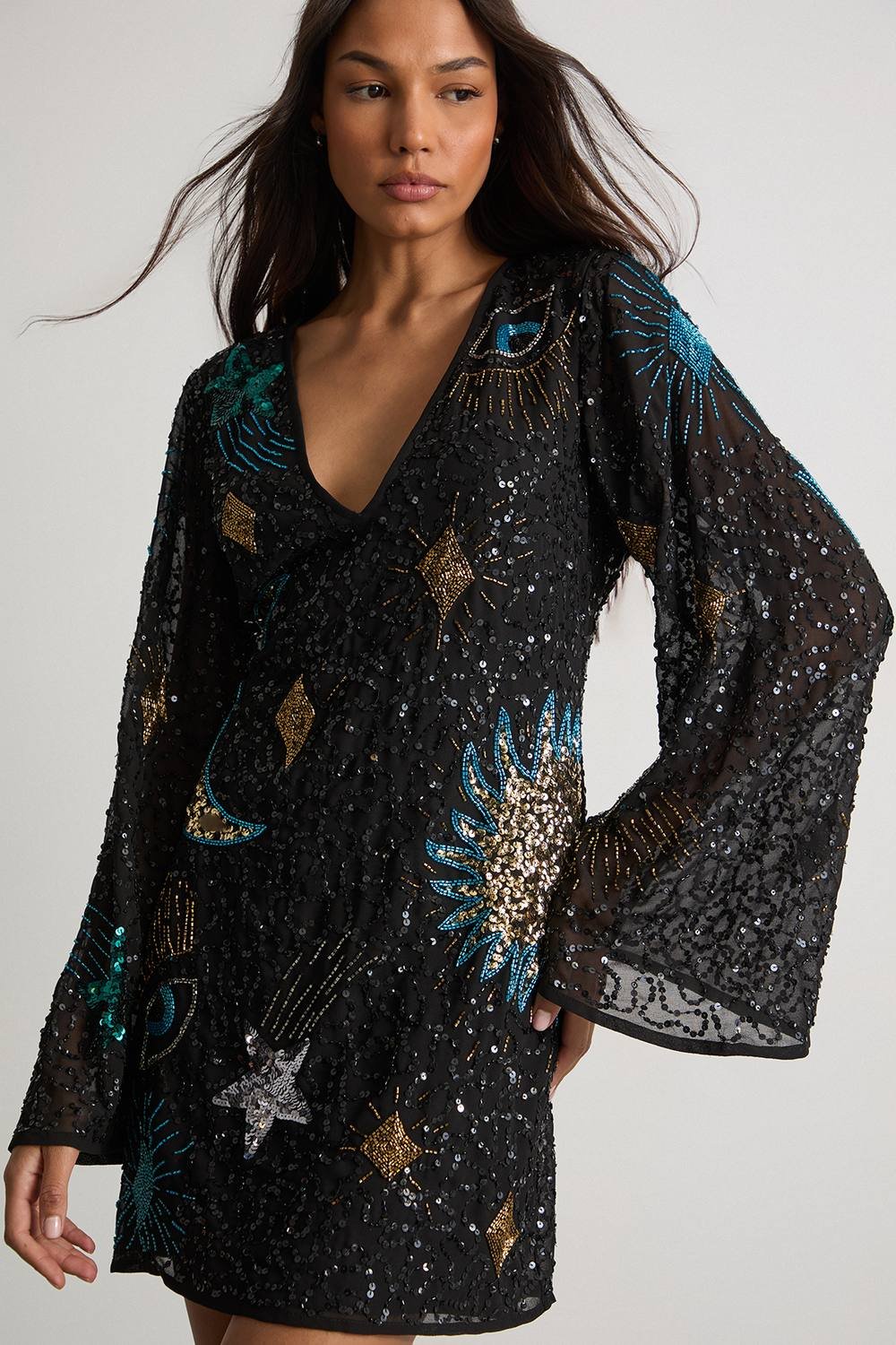 Warehouse Warehouse Women's Celestial Sequin Embellished Mini Dress in Black - 2