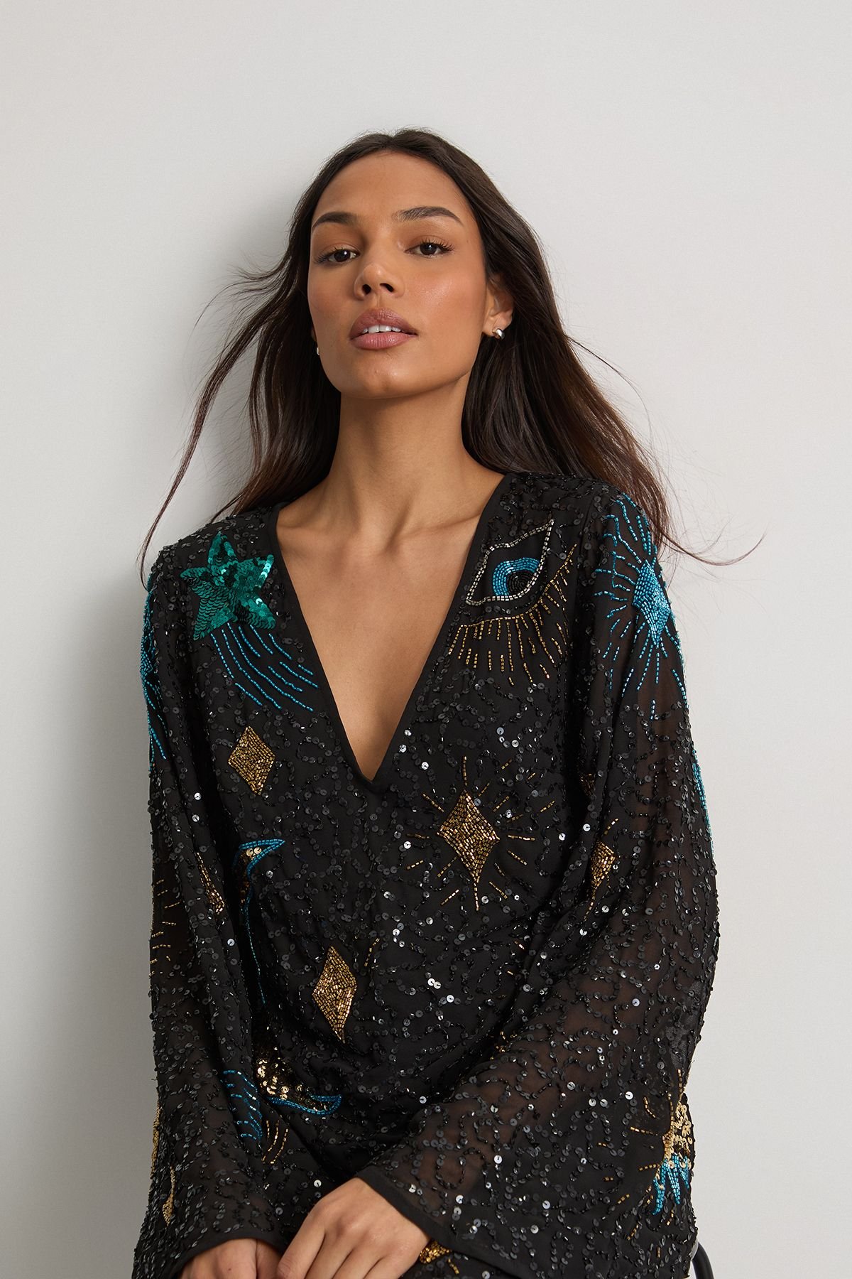 Warehouse Warehouse Women's Celestial Sequin Embellished Mini Dress in Black - 4