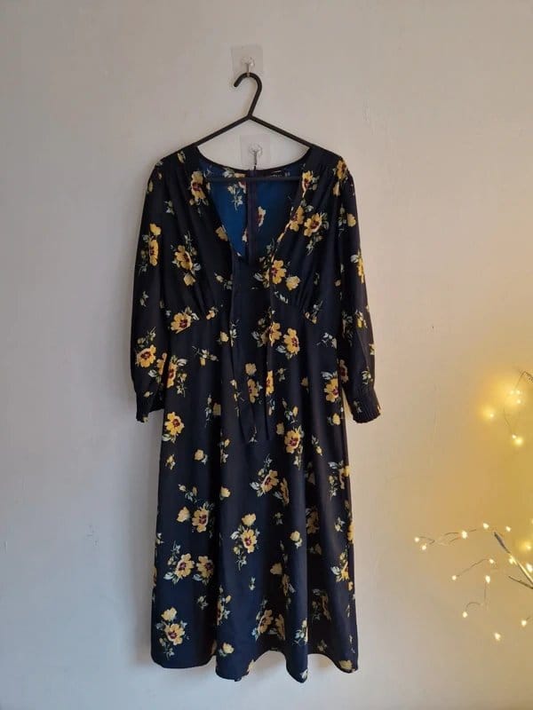 Boohoo Navy Floral Midi Dress with Yellow Flower Print