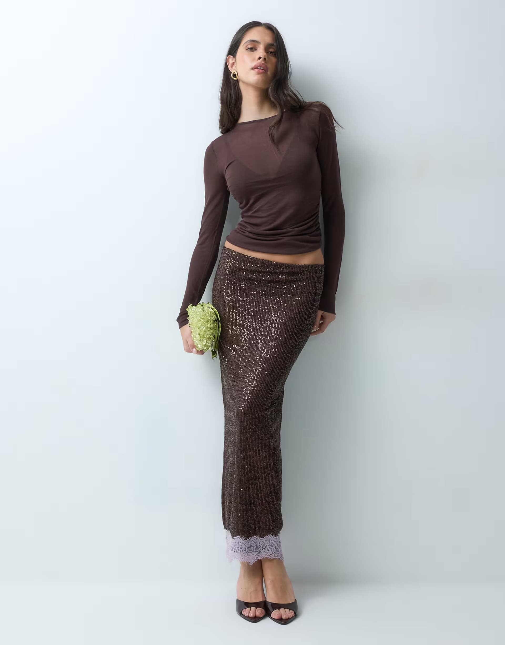 ASOS ASOS DESIGN sequin pencil skirt with lace trim in brown