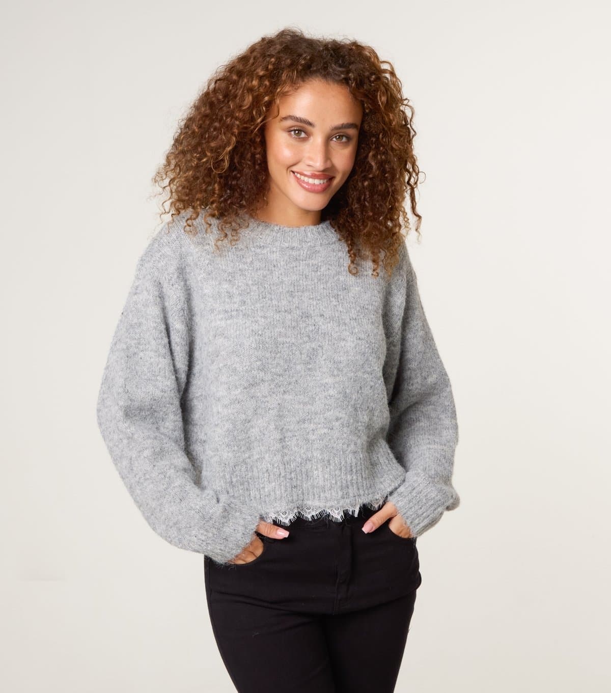 Blue Vanilla Women's Grey Lace Hem Jumper Blue Vanilla New Look