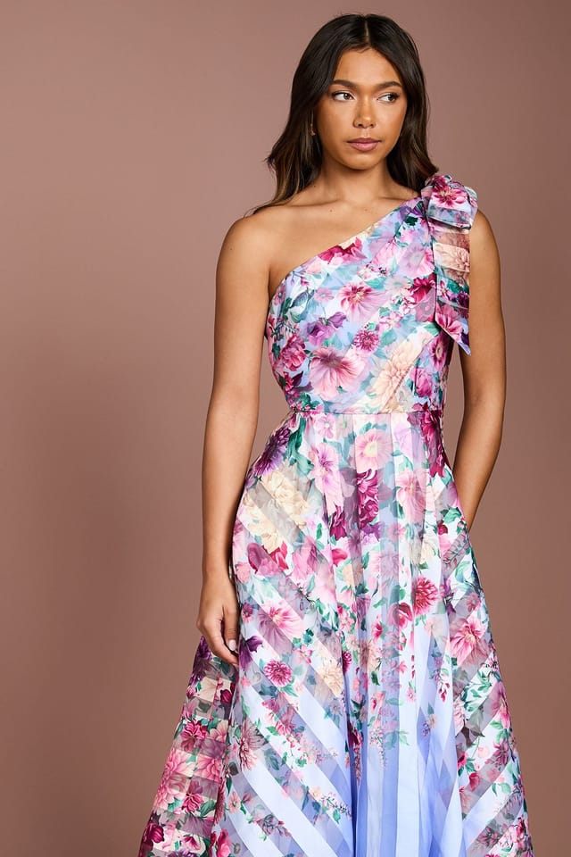 Coast Coast Women's Printed Stripe Organza One Shoulder Midi Dress in Blue - 2