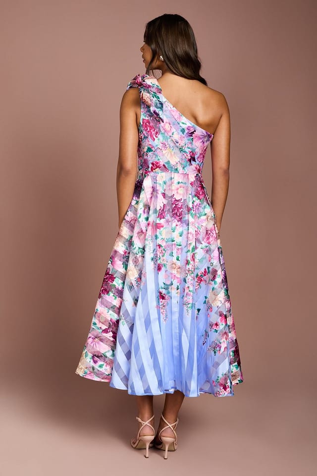 Coast Coast Women's Printed Stripe Organza One Shoulder Midi Dress in Blue - 3