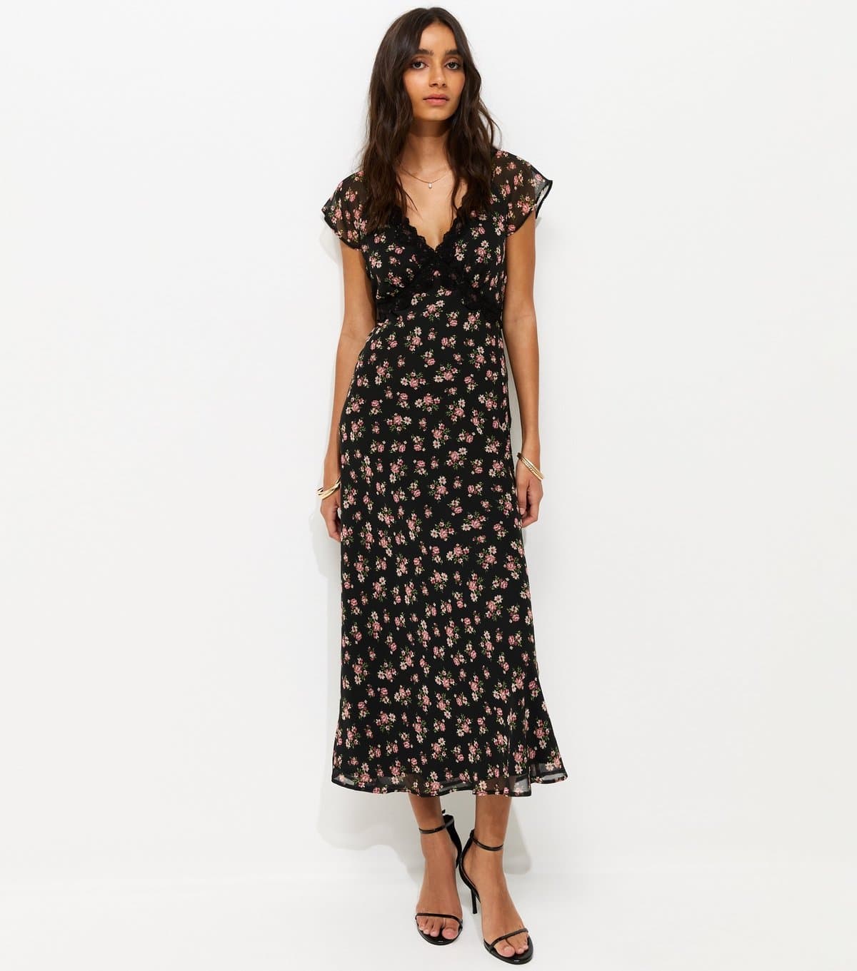 New Look Women's Black Floral Print Chiffon Lace Trim Midi Dress New Look