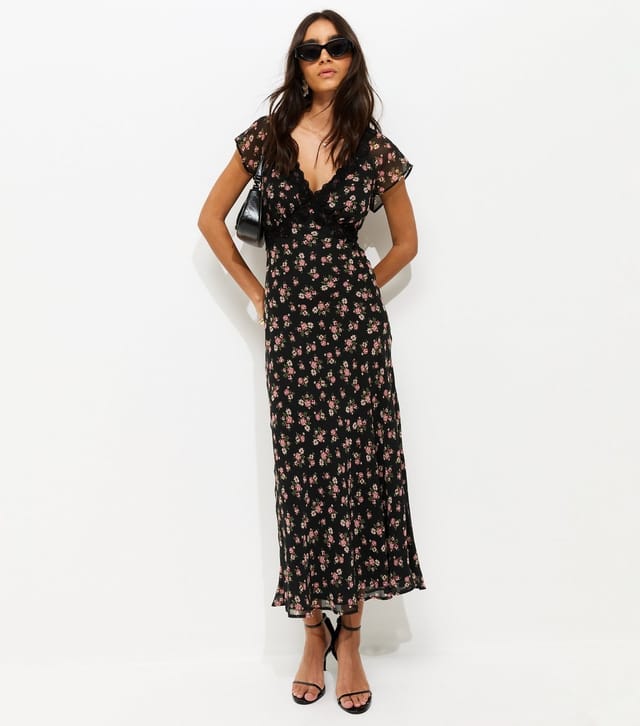 New Look Women's Black Floral Print Chiffon Lace Trim Midi Dress New Look - 2