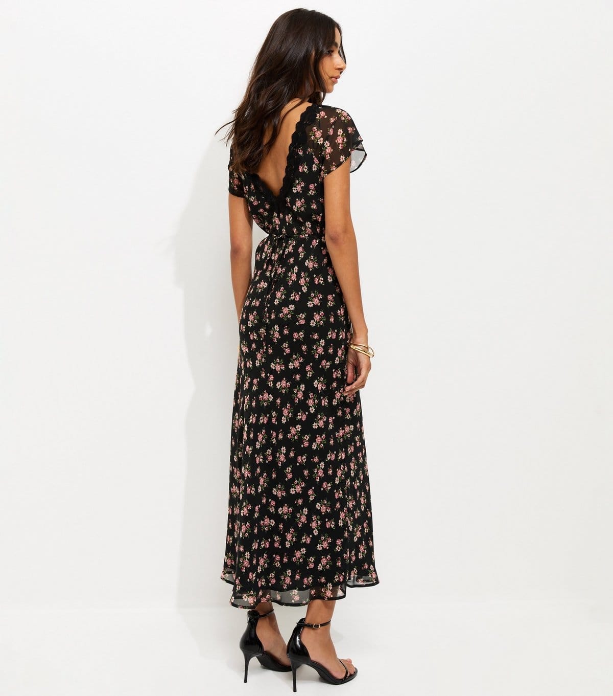New Look Women's Black Floral Print Chiffon Lace Trim Midi Dress New Look - 4