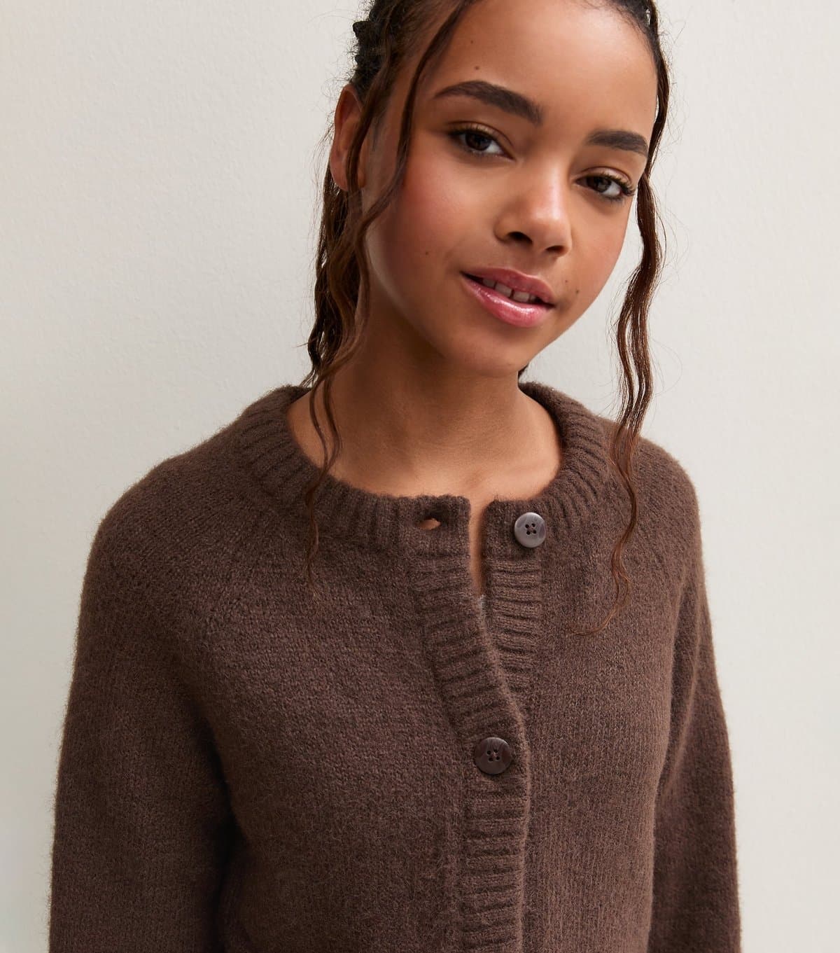 New Look Girls' Dark Brown Crew Neck Knitted School Cardigan New Look