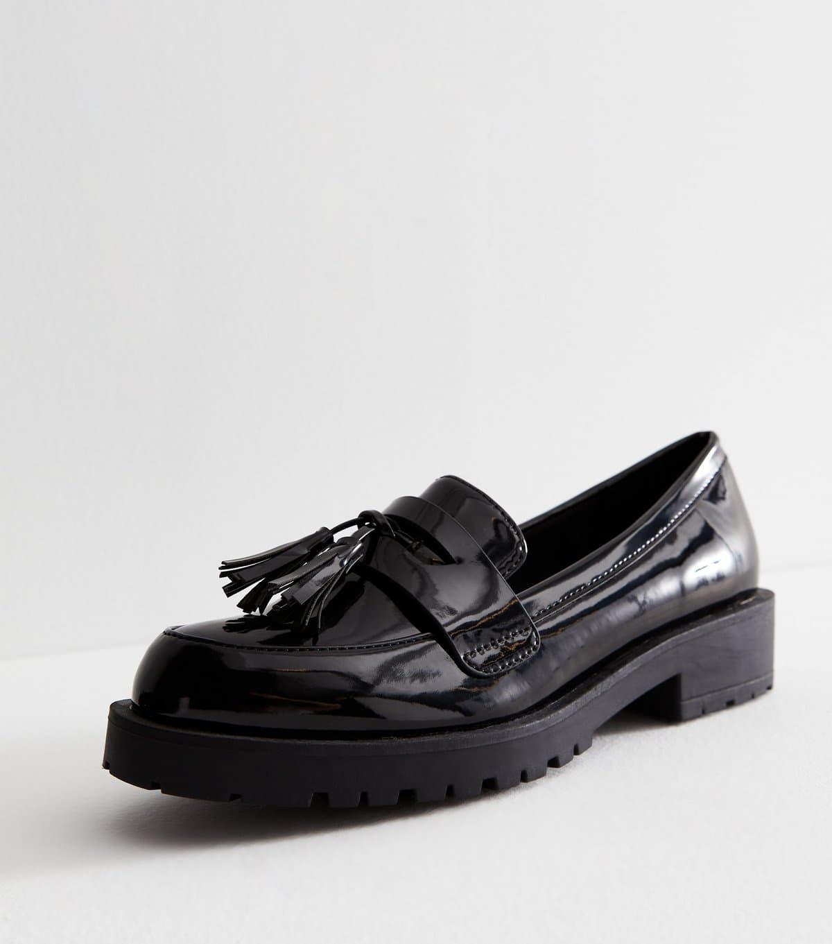 New Look Women's Black Patent Tassel Chunky Loafers Vegan New Look