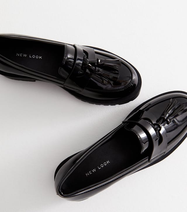 New Look Women's Black Patent Tassel Chunky Loafers Vegan New Look - 3