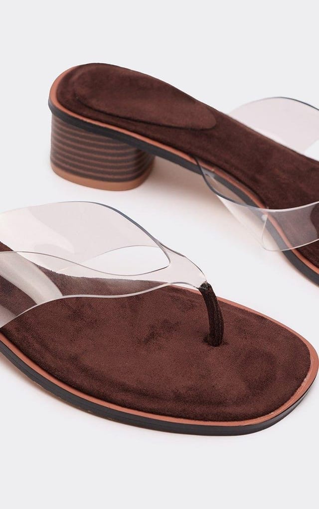 EGO Rita Clear Perspex Thong Strap Block Heeled Mule In Brown Faux Suede, Women's Size UK 3 - 2