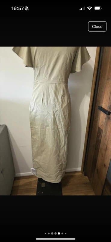 ASOS Design ruched waist bengaline midi dress in stone button plain minimalist smart size 10