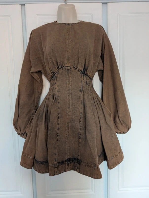 ASOS ASOS Edition denim pleat waist mini dress with balloon sleeves in rust acid size 4 - 1