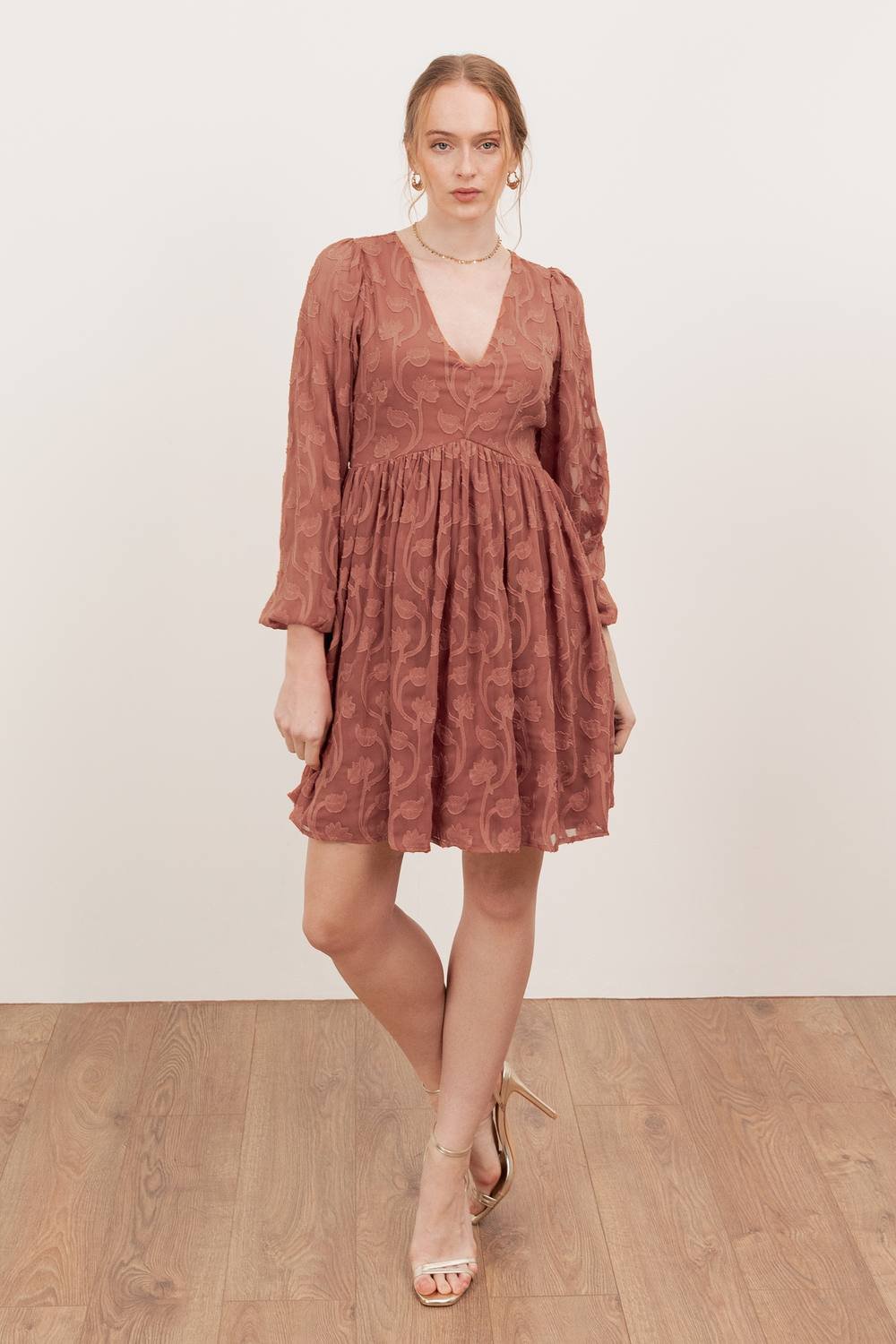 Lovedrobe Lovedrobe Women's Long Sleeve Floral Burnout Mini Dress in Terracotta - 4