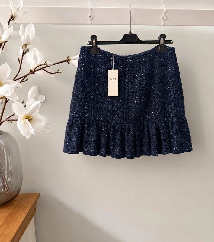 Marks & Spencer M&S Navy Sequin Bouclé Mini Skirt BNWT Size 14