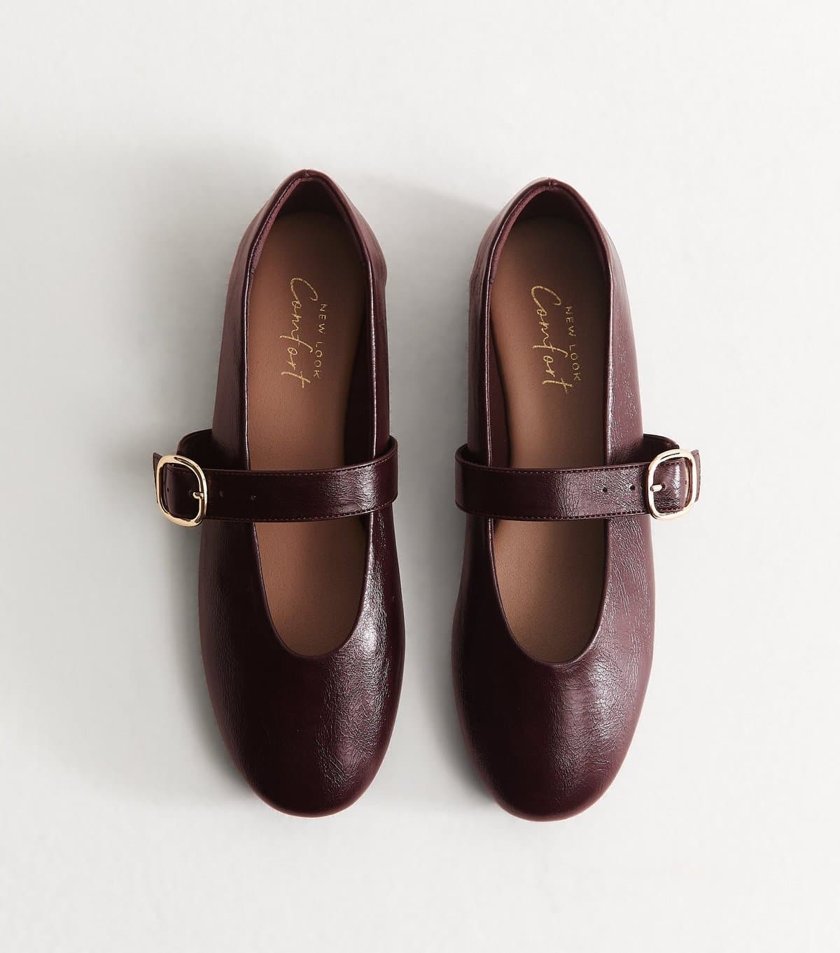 New Look Women's Dark Burgundy Faux Leather Mary Jane Flats Vegan New Look