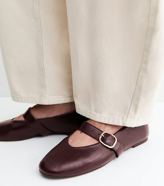 New Look Women's Dark Burgundy Faux Leather Mary Jane Flats Vegan New Look - 2
