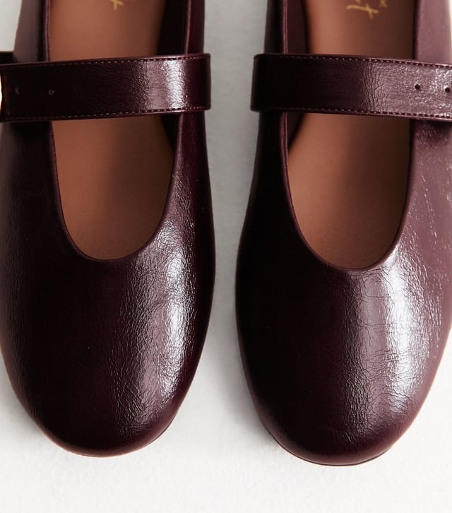 New Look Women's Dark Burgundy Faux Leather Mary Jane Flats Vegan New Look - 3