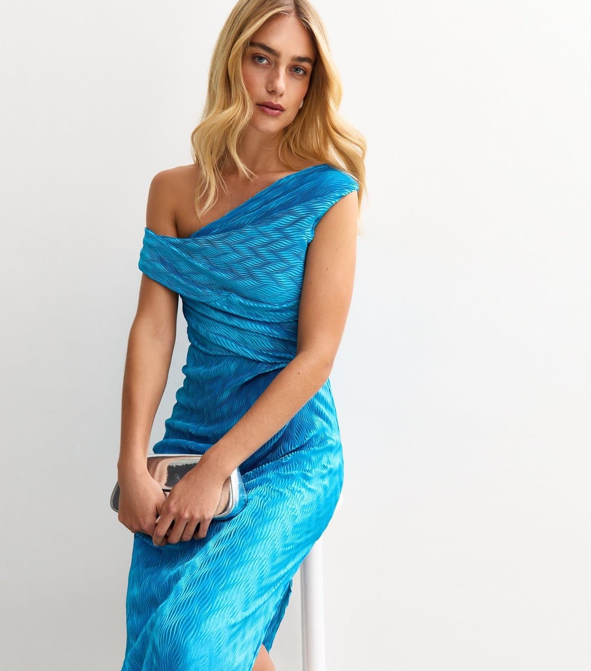 New Look Women's Bright Blue Textured One Shoulder Slit Hem Midi Dress New Look