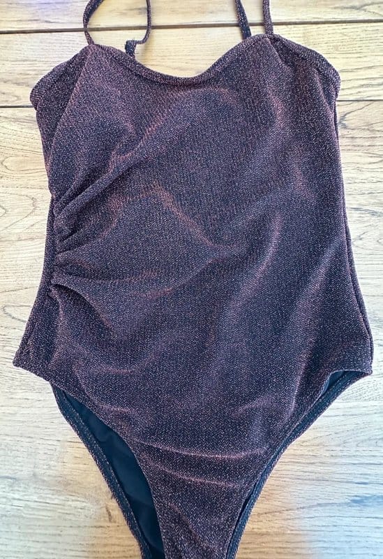 Never Fully Dressed Brown Sparkle Ruched Swimsuit UK 6