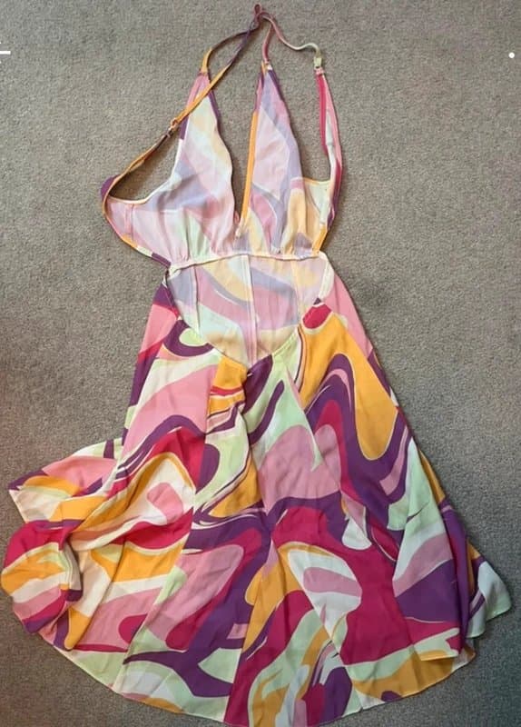 ASOS ASOS Retro 70s Psychedelic Swirl Halter Neck Cut Out Dress - Size 10