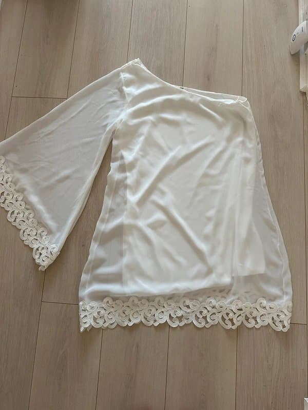 Lili White Chiffon One Shoulder Crochet Trim Dress 12