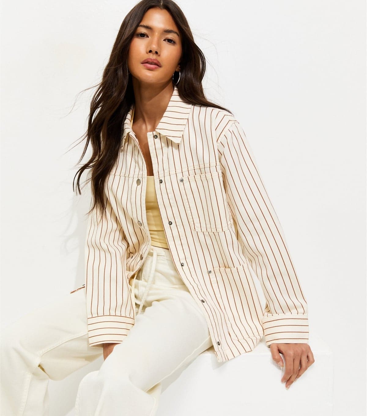New Look Women's Cream Stripe Longline Cotton Shacket New Look