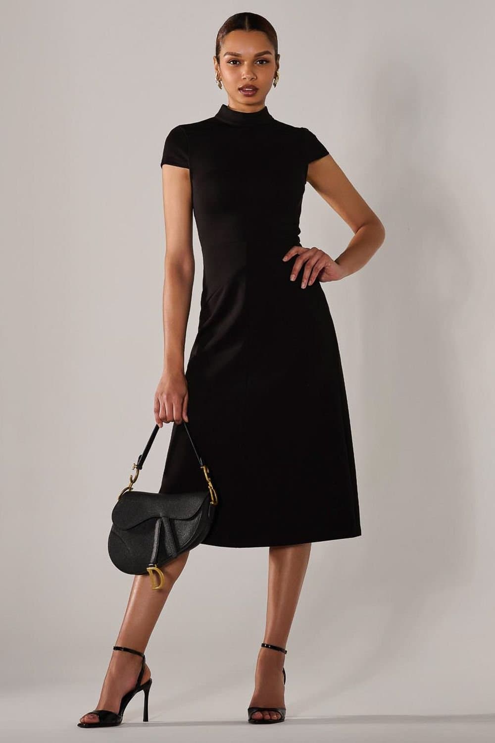 Jolie Moi Jolie Moi Women's Ponte Cap Sleeve Midi Dress in Black