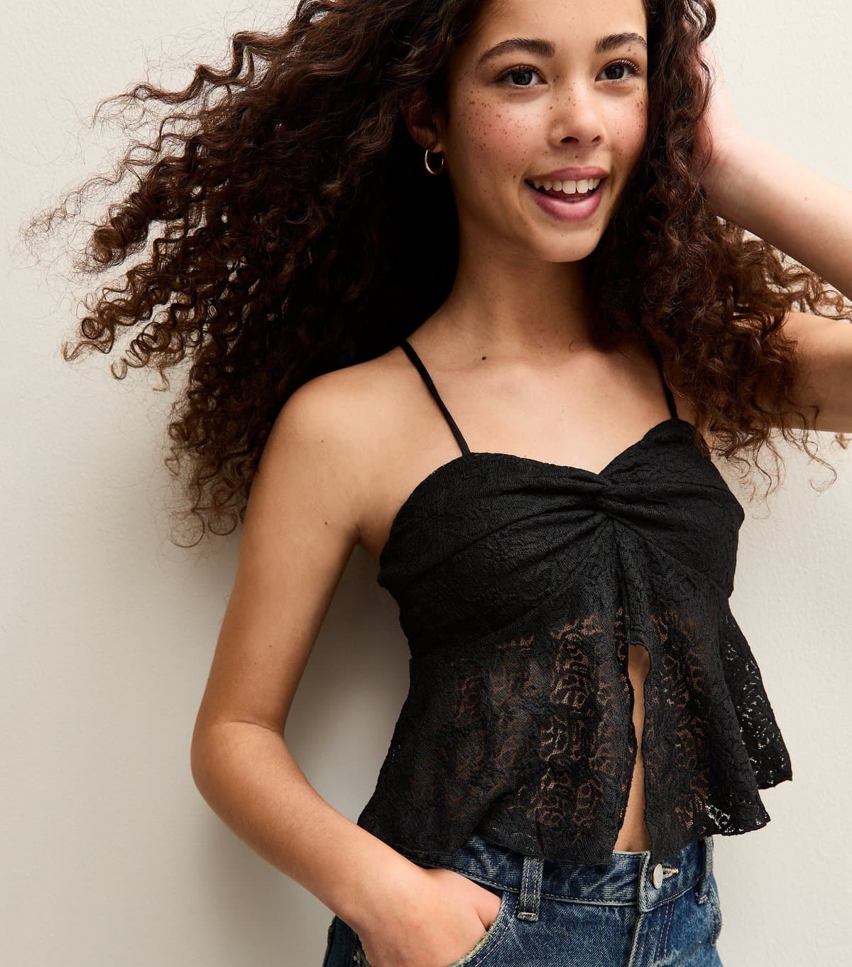 New Look Girls' Black Twisted Front Lace Cami Top New Look
