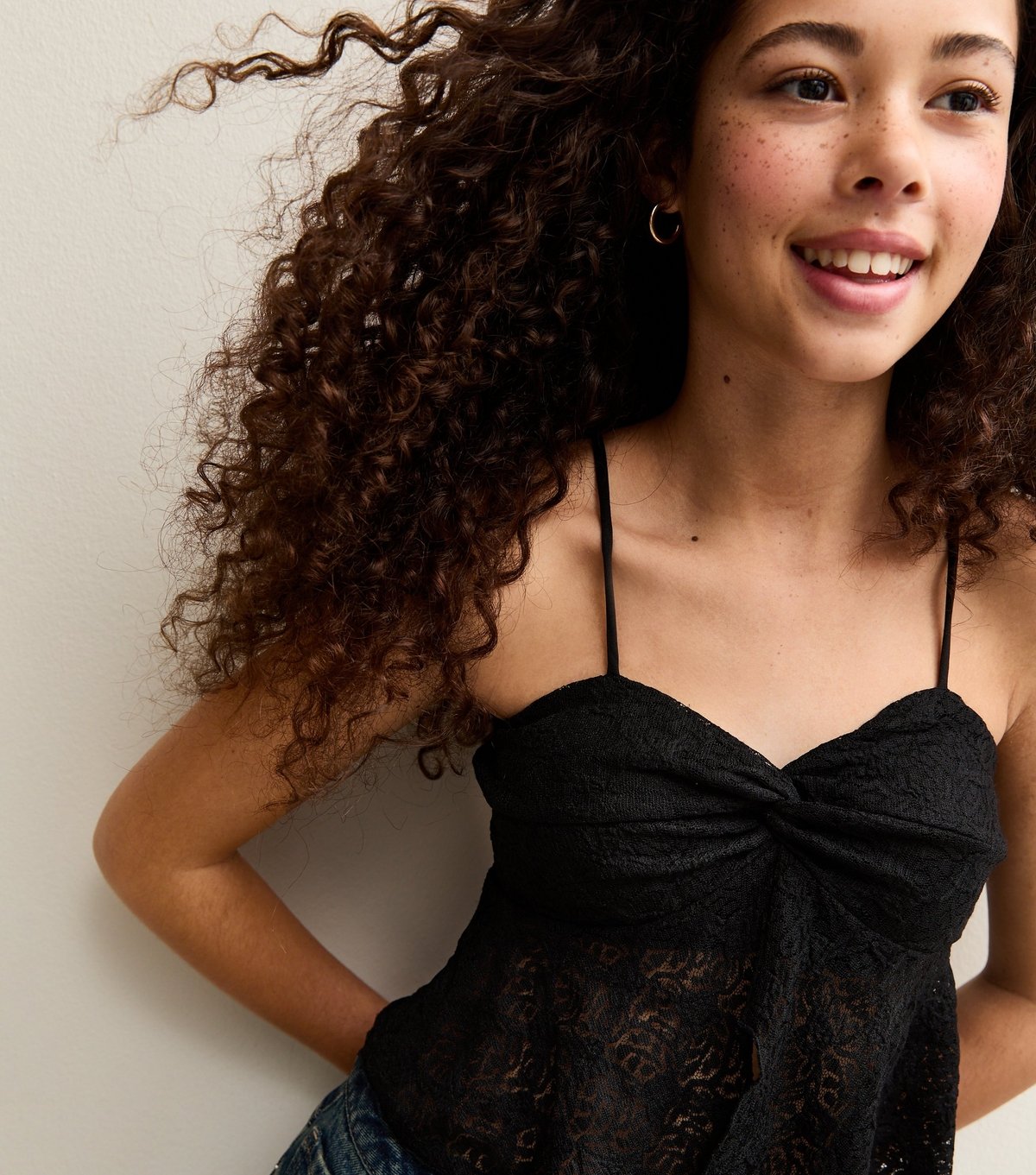 New Look Girls' Black Twisted Front Lace Cami Top New Look - 2