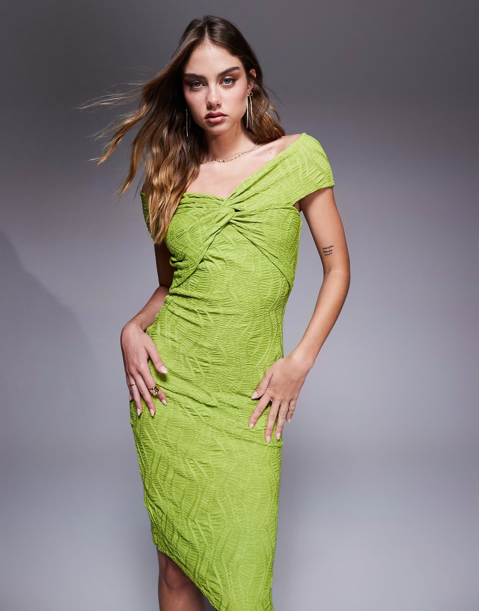 ASOS Goddiva Front knot twist midi dress in lime